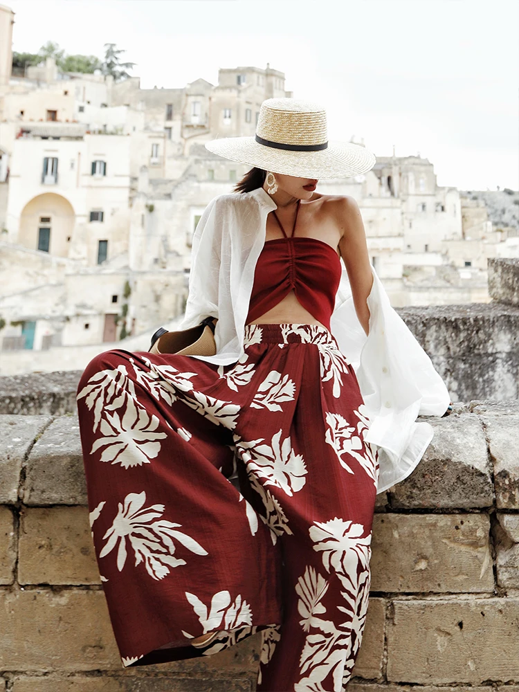 TIYIHAILEY Wide Leg Long Pants For Women Trousers Elastic High Waist Casual Printed Ladies 2025 New Fashion M L Red Floor Length