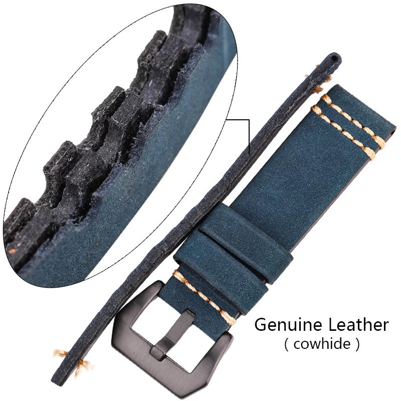 Genuine Leather Watchband Bracelet Brown Yellow Blue Women Men Handmade Cowhide Watch Band 20mm 22mm 24mm Strap With Pin Buckle