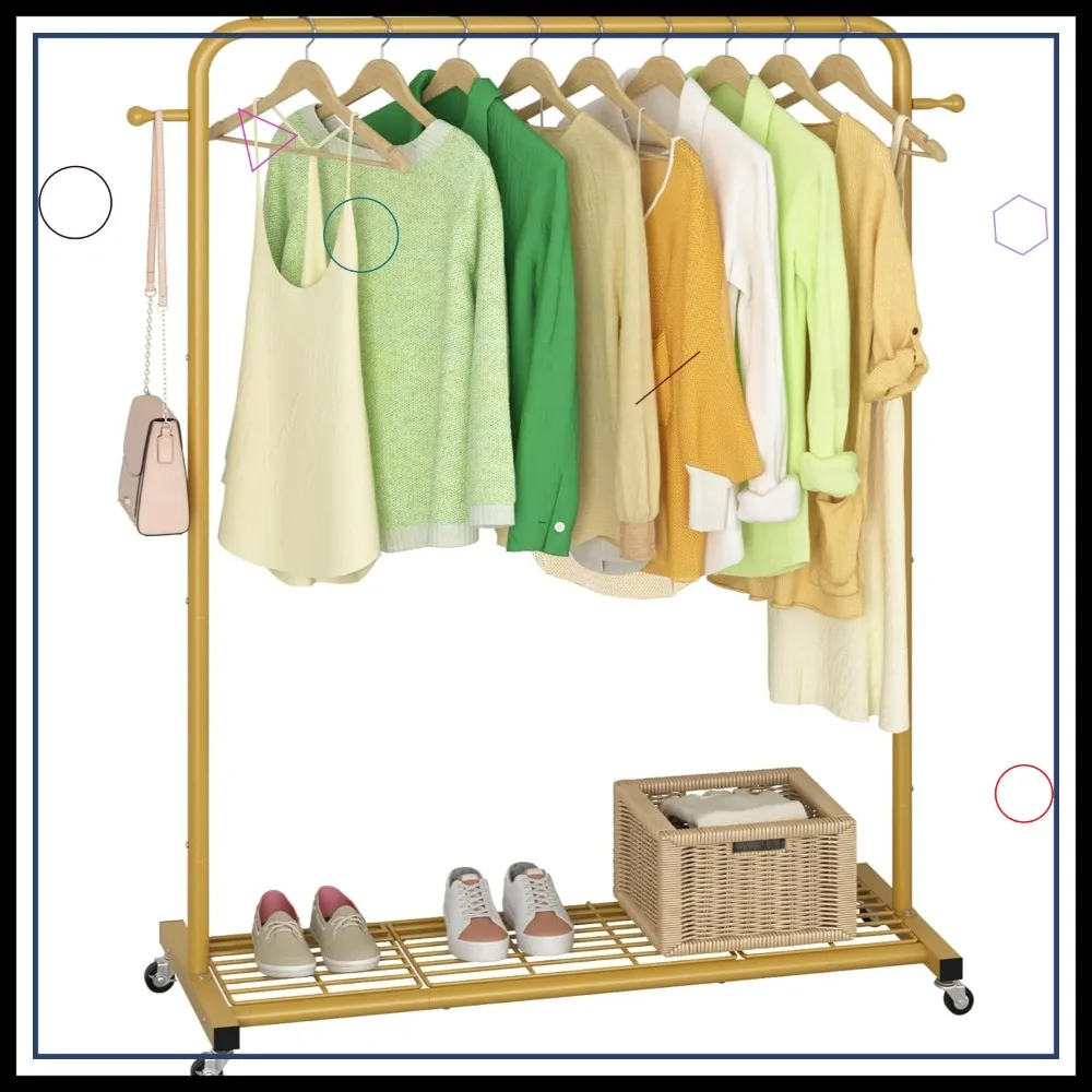 

Rolling Garment Rack with Wheels, Sturdy Metal Frame, Bottom Storage Shelf for Clothes and Shoes, Golden Finish