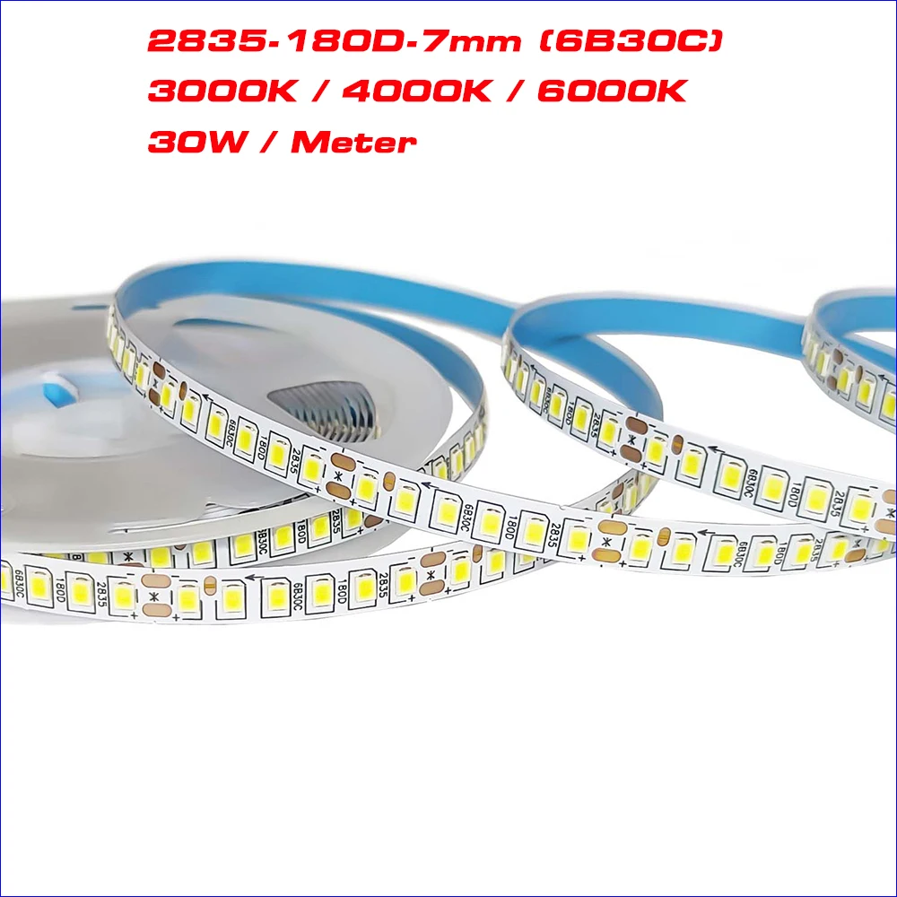 COMPSON 5Meters SMD2835 Strip 7MM-6B30C 30W/Meter Constant Current LED Ribbon Single Color 3000K/4000k/6500K Flexible LED Belt