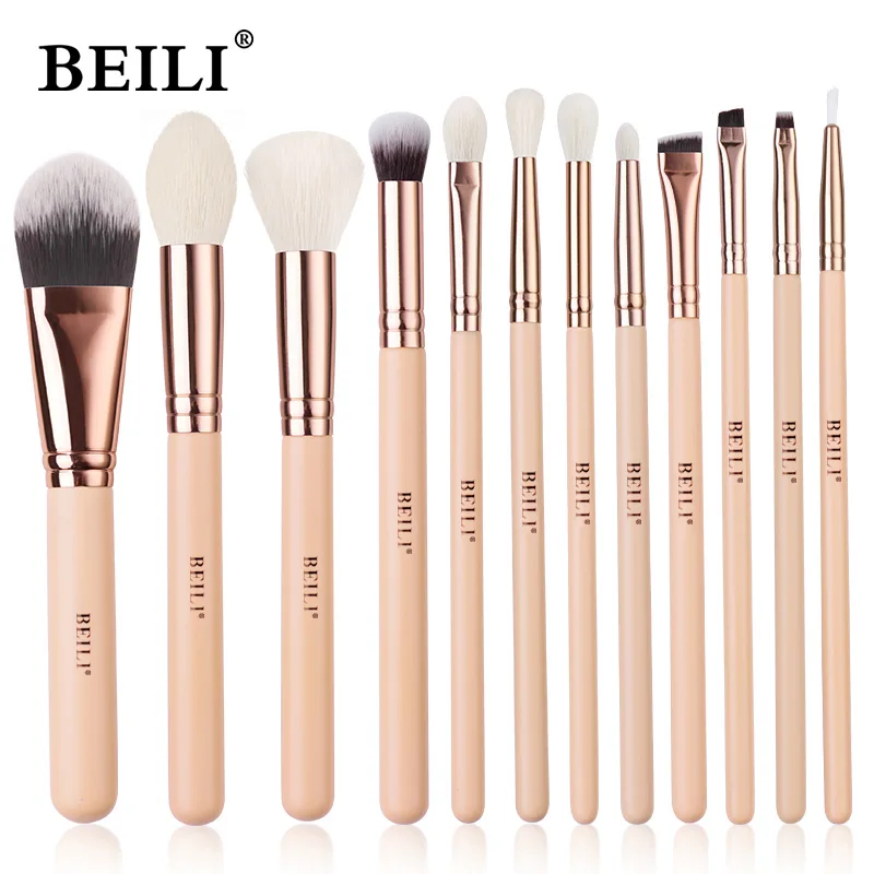 BEILI Pink 12pcs Rose Golden Natural Goat Hair Premium Foundation Eye shadow Blush Powder Highlighter Concealer Makeup Brush Set