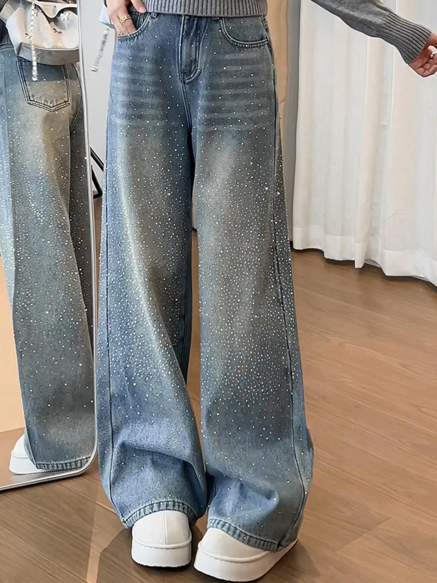 

iny Diamond Embellied широкие джинсы женские облегающие джинсовые брюки с высокой талией зимние повседневные модные большие размеры мм