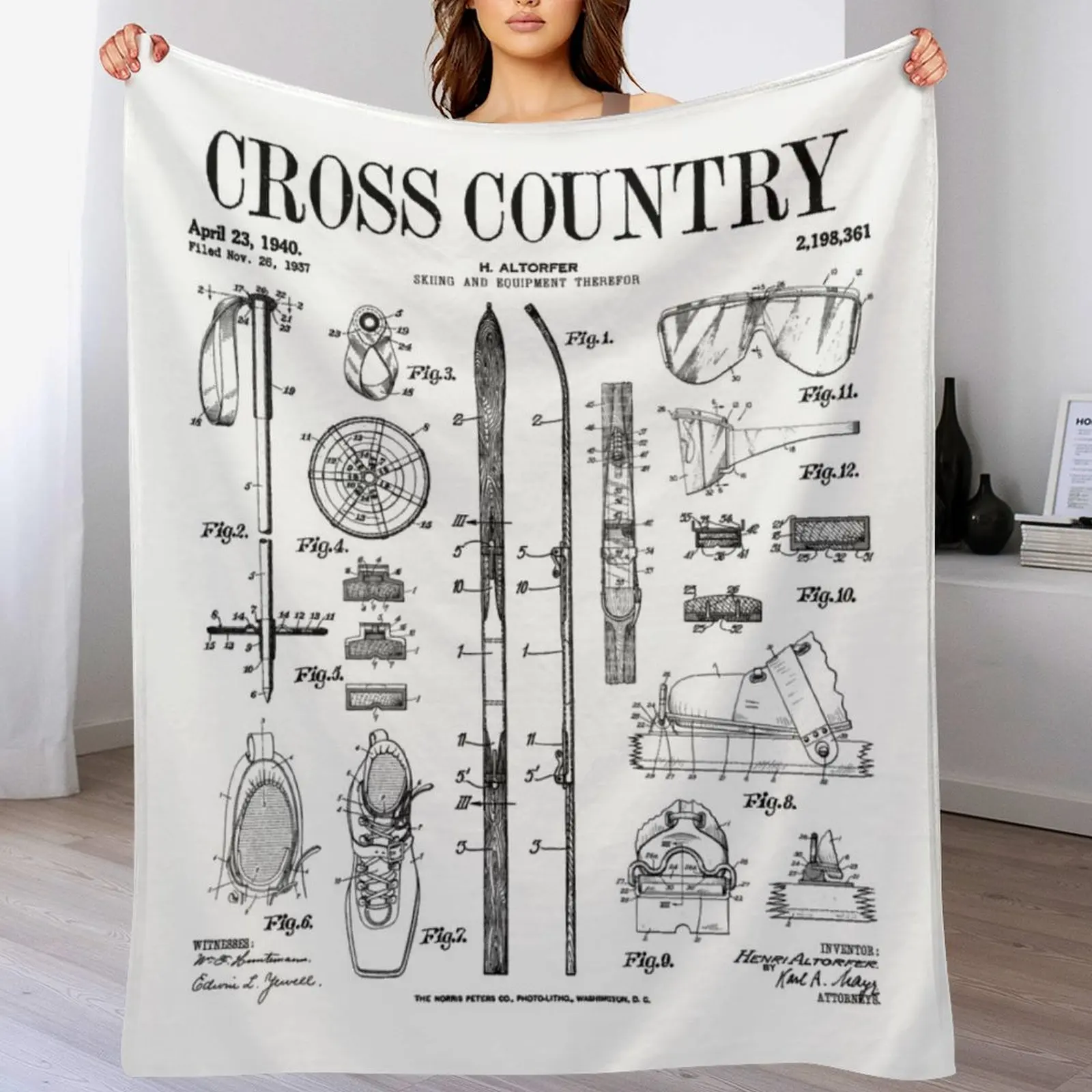 Cross Country Nordic Skiing Ski Vintage Patent Skier Print Throw Blanket Soft Solid Color Blanket for Couch Bed