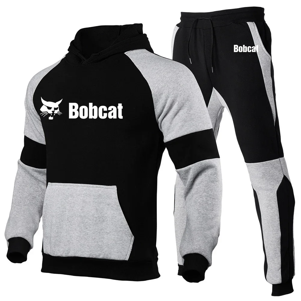 2024 Bobcat Heavy Equipment Men's New Patchwork Print Tracksuits Hoodies Tops + Sweatpants Two Pieces Hooded Casual Suit Clothes