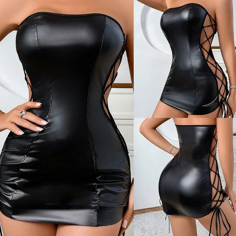 

Women Ladies Sexy Lingerie Exposed Waist Hip Skirt Sexy Tube Top Slim Fit Leather Skirt Hollow Nightdress