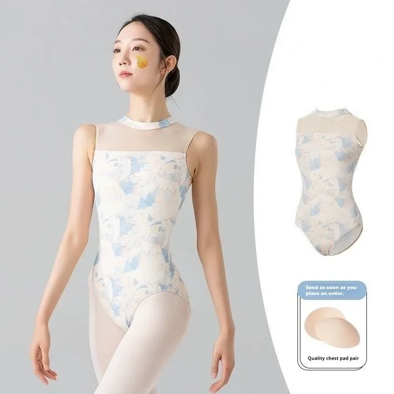 Body da balletto da donna Per adulti senza maniche stampato Ginnastica Abiti da allenamento Body Abbigliamento da ballo Abiti da palcoscenico senza schienale femminili