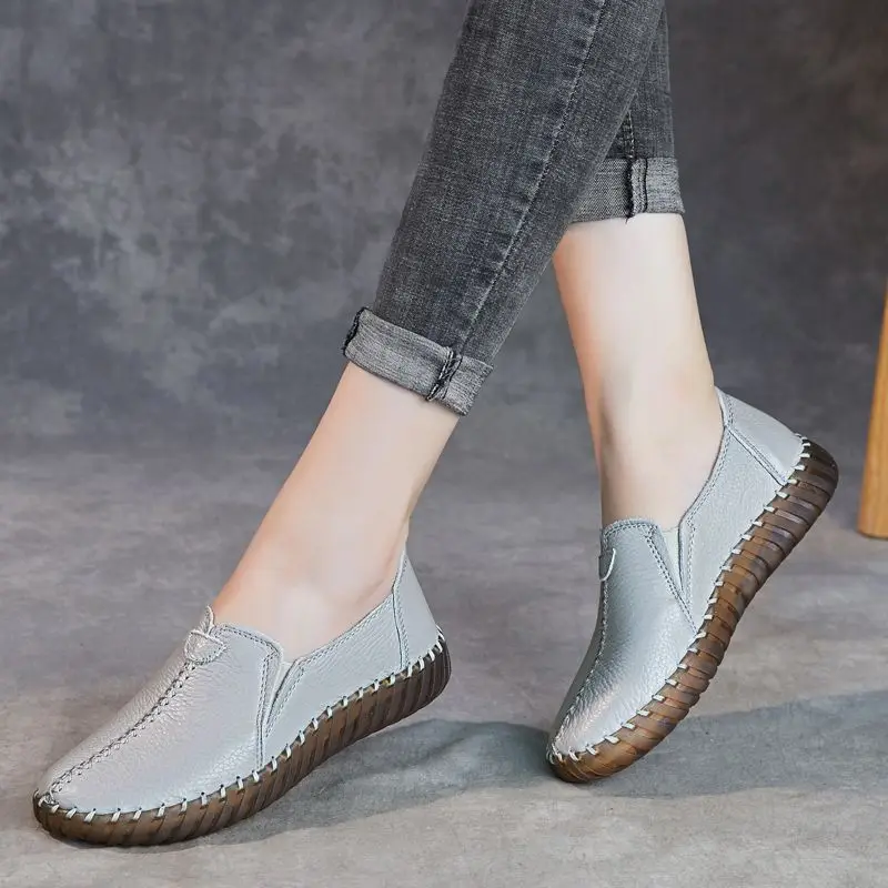 New Genuine Leather Shoes Women Cozy Soft Ballet Flats Handmade Slip On  Shoes Ladies Driving Moccasins Blue Mother Nurse Shoes - AliExpress 322
