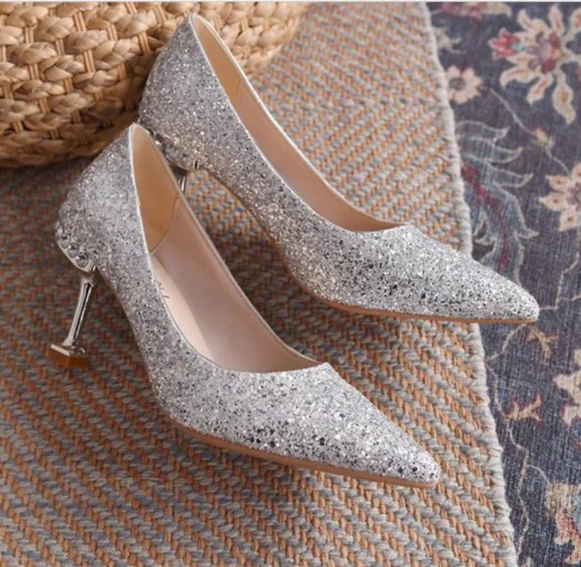 New Women Fashion Rhinestone Pumps Shallow Mouth Women Fashion Office Work Wedding Party Shoes Low Thin Heel Womens Dress Shoes