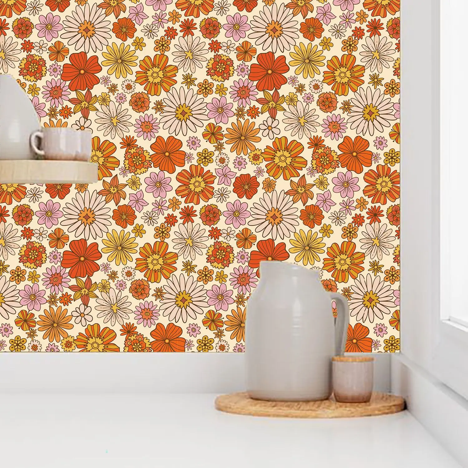 Vintage Daisy Floral Retro Wallpaper Waterproof Self Adhesive Mid Century Contact Paper for Nightstand Vanity Home Decor