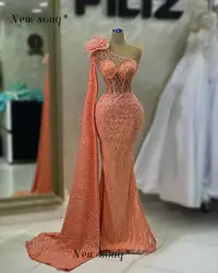 Arabic One Shoulder Coral Dubai Evening Dresses with Cape 2023 Elegant Sparkle Crystals Mermaid Women Wedding Guest Party Gowns