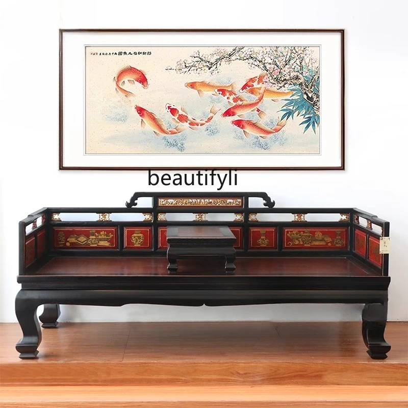 Antique Furniture Solid Wood Sofa Old Elm Arhat Bed Couch Classical Arhat Collapse Arhat Chair