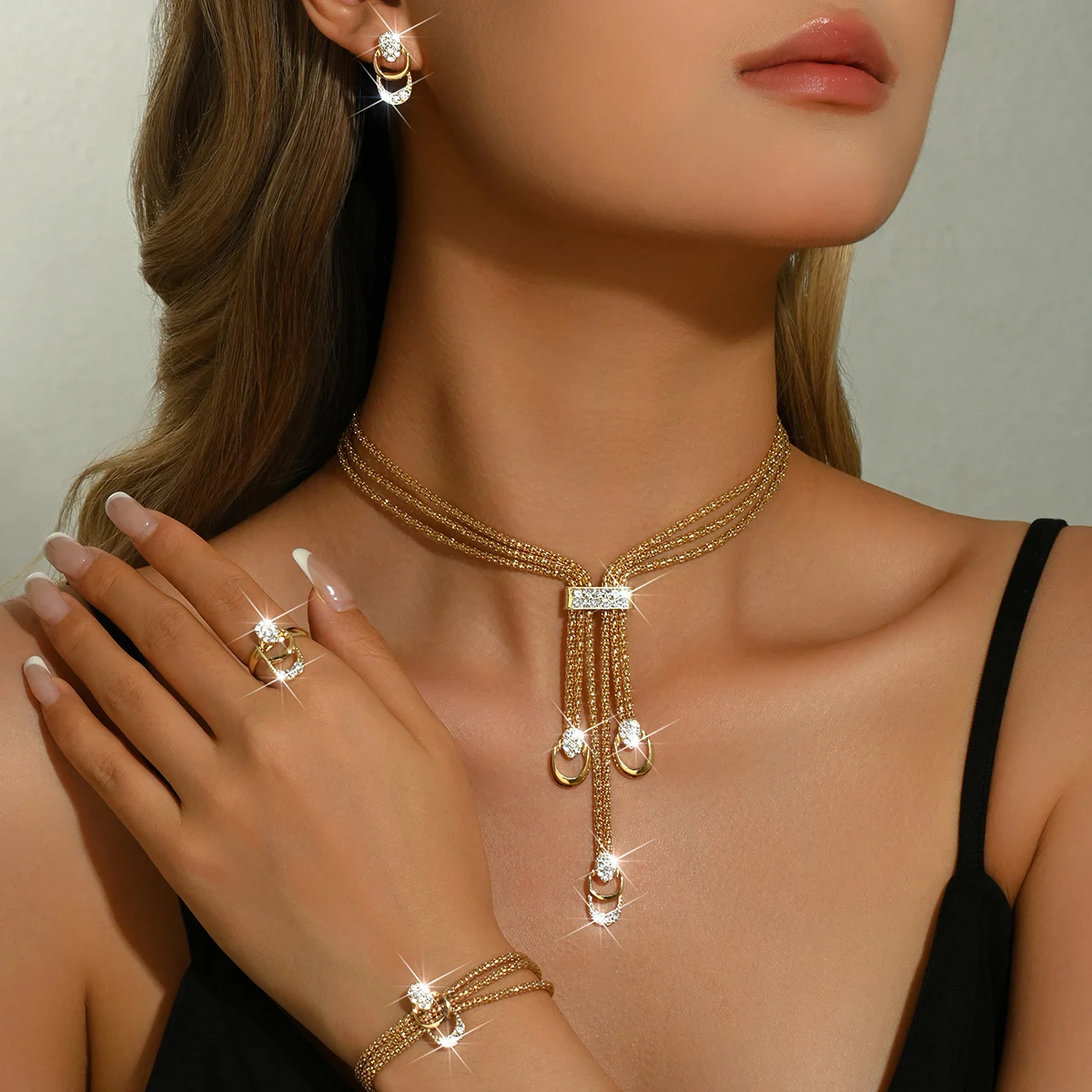 4Pcs Jewelry Set Rings Necklace Earrings Bracelet High Performance Golden Jewelry For Women