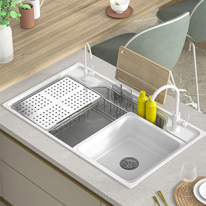 White Kitchen Sink 3D Embossing Nano Stainless Steel Single Slot Light Luxury Multifuctional Sink With Storage Basket Drain Rack