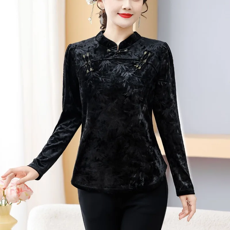 Chinese Style Velvet Stand Collar Top Women Plus Size Elegant Mom Blouse Spring Autumn Slim Hide Fat Shirt