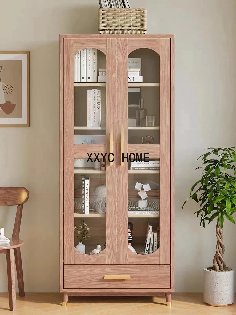 Solid Wood Combined Bookcase Light Luxury Apartment Study Simple Modern Living Room Wall Bookcase Glass Door