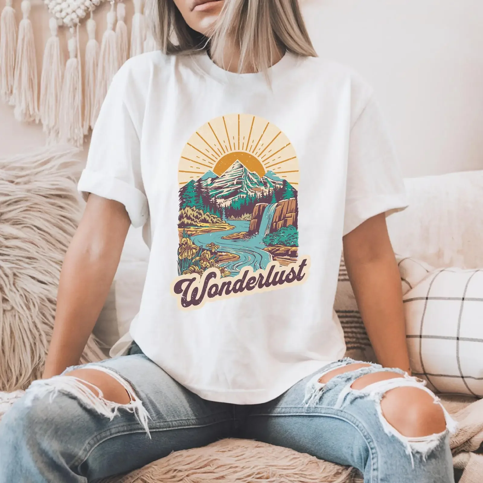 Wanderlust Vintage Mountain Nature Print T Shirt Casual Hiking Adventure for Outdoorsy Travel Camping Lovers  vintage Washed