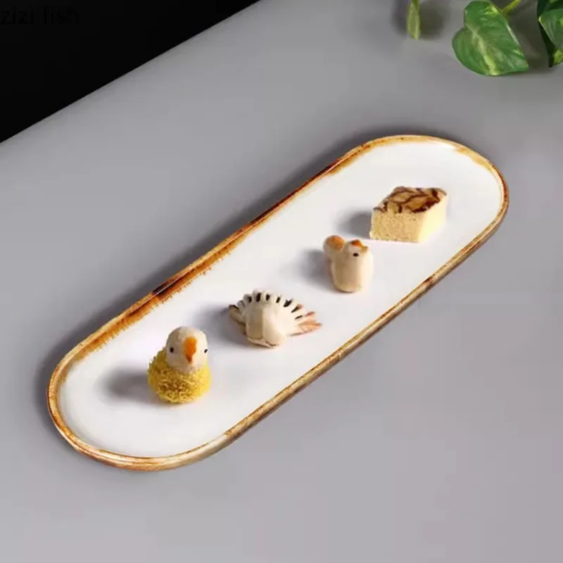 

Vintage Creative Ceramic Long Strip Plate Restaurant Sushi Plate Dessert Dim Sum Plate Molecular Cuisine Specialty Tableware