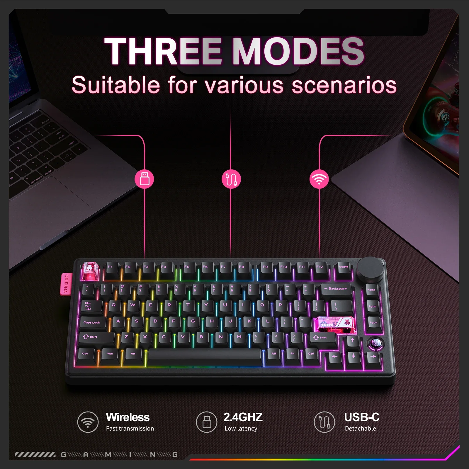 ONIKUMA MT706 Tastiera da gioco wireless Connessione Thri-mode Guarnizione Montaggio Tasto completo Tastiera personalizzata Esports RGB sostituibile a caldo