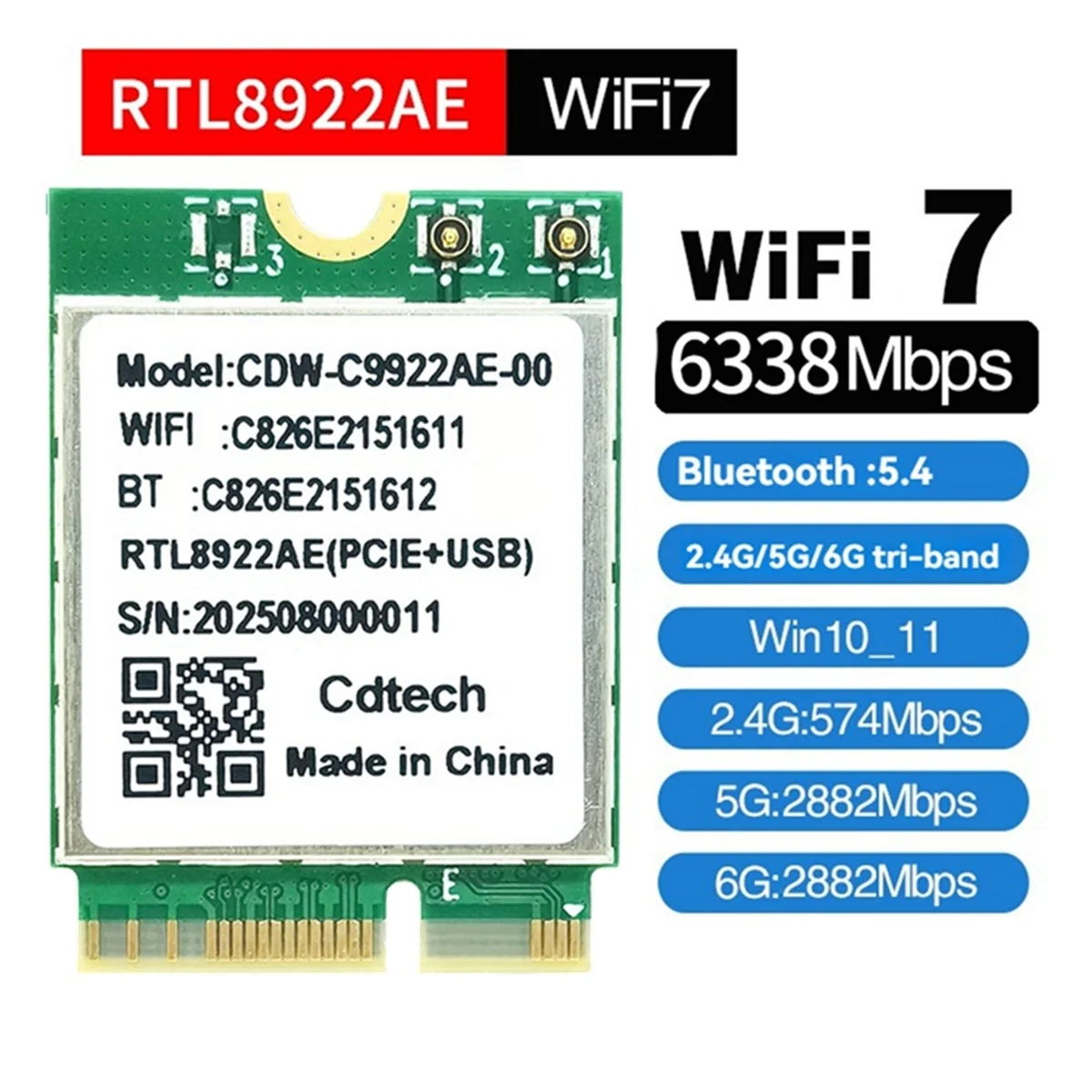 بطاقة RTL8922AE WiFi7 6338Mbps ثلاثي الموجات 2.4G/5G/6G محول WiFi لاسلكي Bluetooth5.4 M.2 لهوائي Win10/Win11+10DB