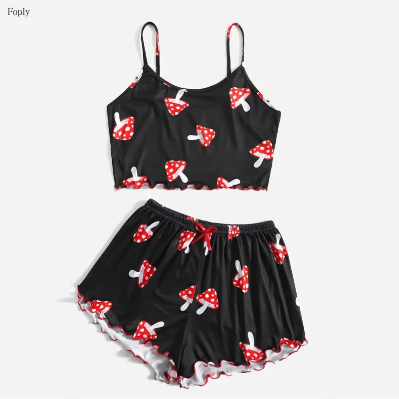 

Women's Mushroom Printed Cami Short Two Piece Pajama Set Thin Shoulder Strap and Shorts Pajama Set Lettuce Trim Sleepwear