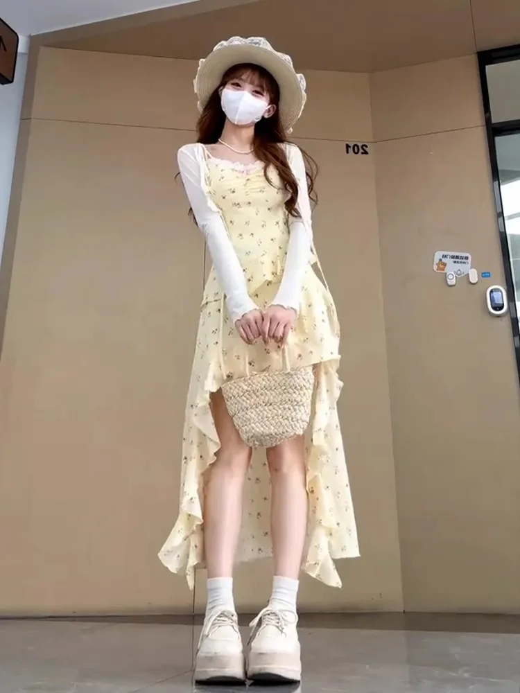 Summer New Yellow off oulder Floral Print Maxi Dr Irregular Hemline Women's Holiday Wear High Waist Svel Gown