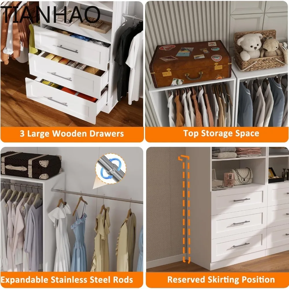 Closet System with 3 Drawers, 4-8.5  Wooden Closet Organizer System, 103” Closet Built in System with Shelves