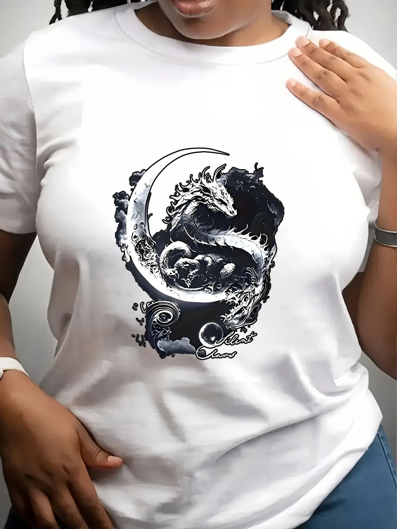 Women's Trendy Crew Neck T-Shirt Dragon Moon Wave Art Print Suitable for Casual Sportswear