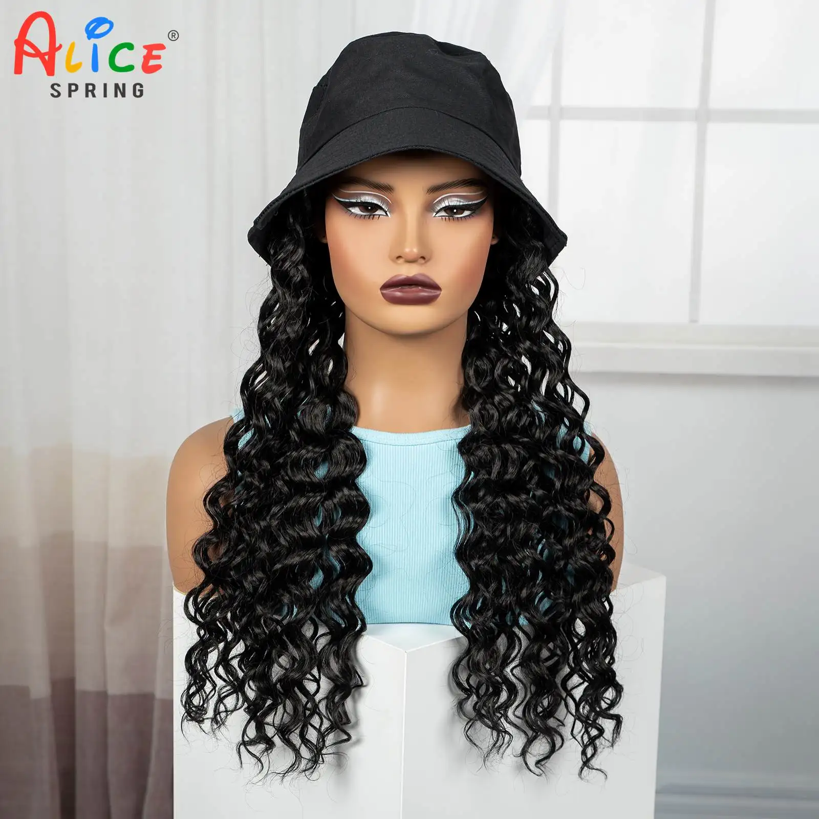 

18Inch Synthetic Hat Wigs Bucket Hat Wig with Water Wave Hair for Black Women