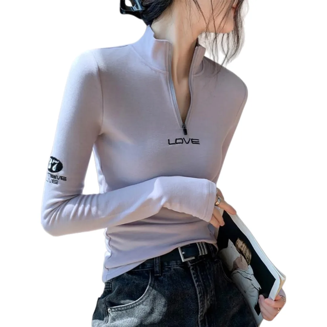 Women Base Layer 2025 Autumn Winter New Women's Half High Neck T Shirt Zipper Long Sleeve Sweatshirt Slim Fit Layering Top