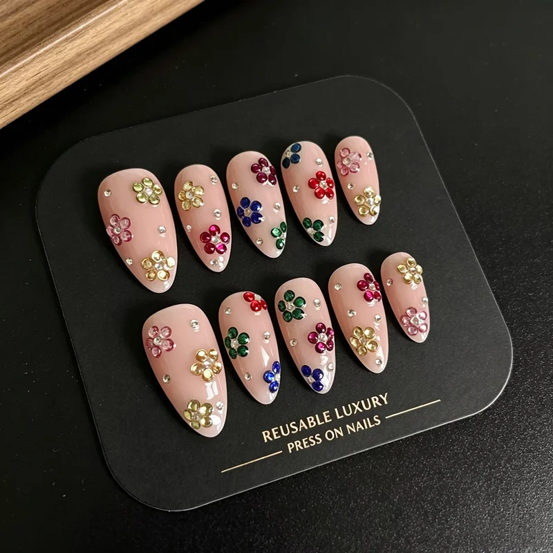10PCS Handmade Colorful Rhinestone Press on Nails Flower Almond Elegant False Nails Medium-length Reusable Natural Nude Base