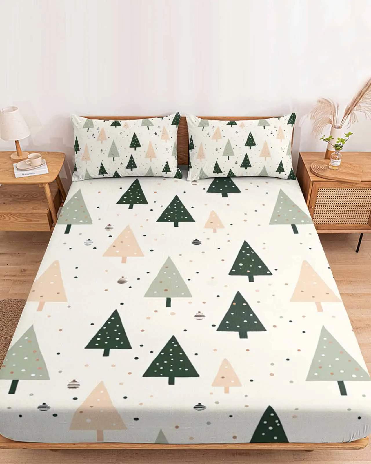 

Christmas Tree Polka Dot Hand Drawn Polyester Fitted Sheet Mattress Cover Four Corners Elastic Band Bed Sheet Pilllowcase