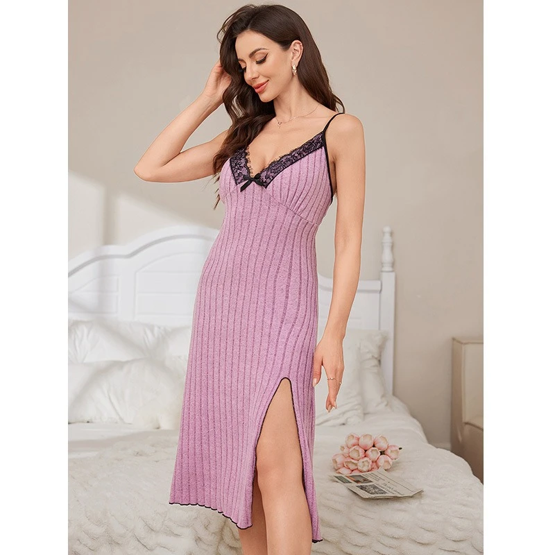 Purple Stripe Sleeveless Nightgown, Women Cami Slip Dress Lace Trim Bow, Soft Breathable Sleepwear Side Slit