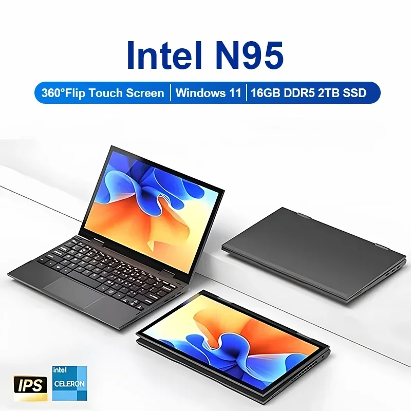 2 in 1 Touch Screen 10.95 Inch 360° Flip Laptop Intel N95 Win 11 Pro 16GB DDR5 2TB SSD Metal for Office Gaming Mini Notebook PC