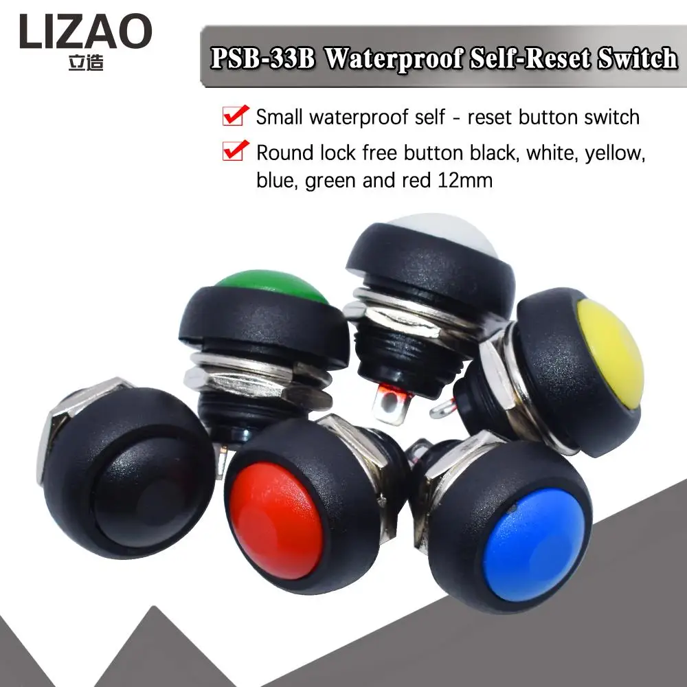 LIZAO 2Pin Mini Switch 12mm 1A waterproof switch pbs33b 12v momentary Push button Switch reset Non-locking pbs-33b