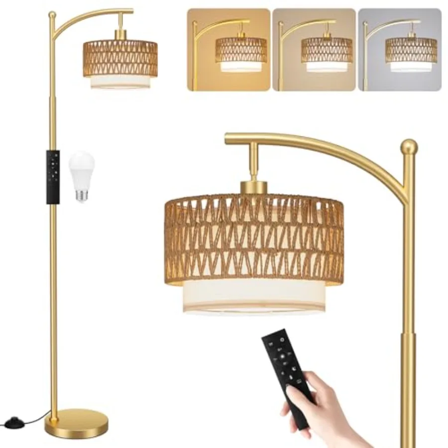 

Arc Floor Lamp for Living Room with Remote, Color Temperature and Brightness Adjustable, Boho Standing Lamp with Rattan and Fab