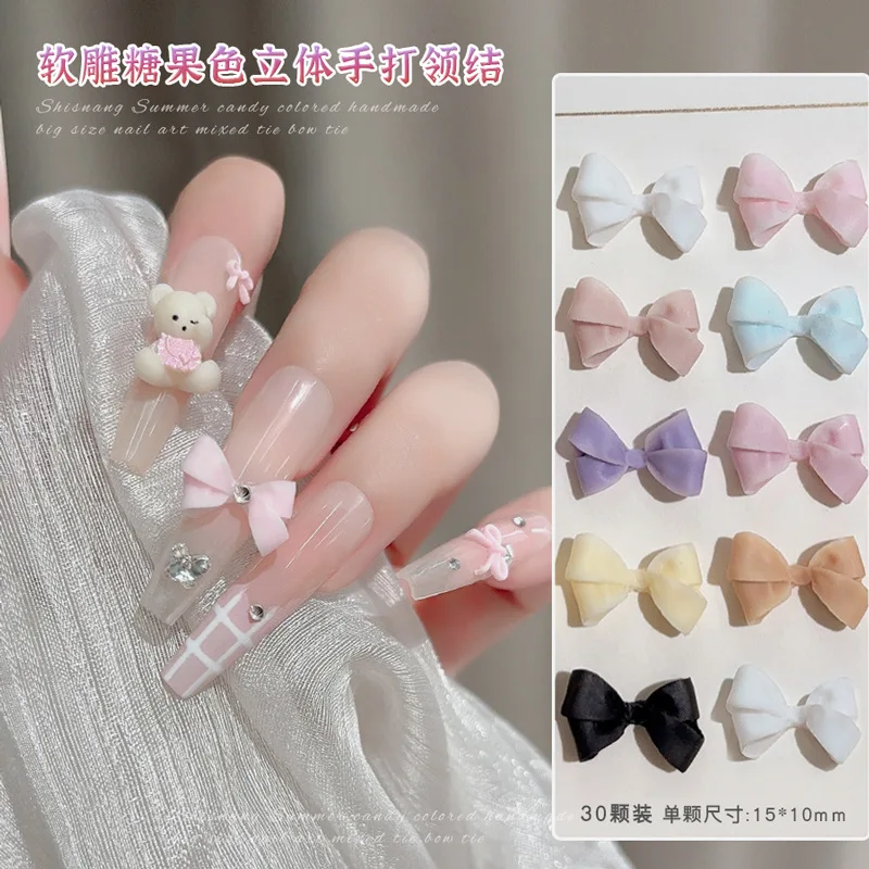 30PCS 3D Kawaii Candy Colorful Bow Tie Bowknot Soft Carving Resin Nail Art Rhinestones Decorations Manicure Beautiful Ornaments