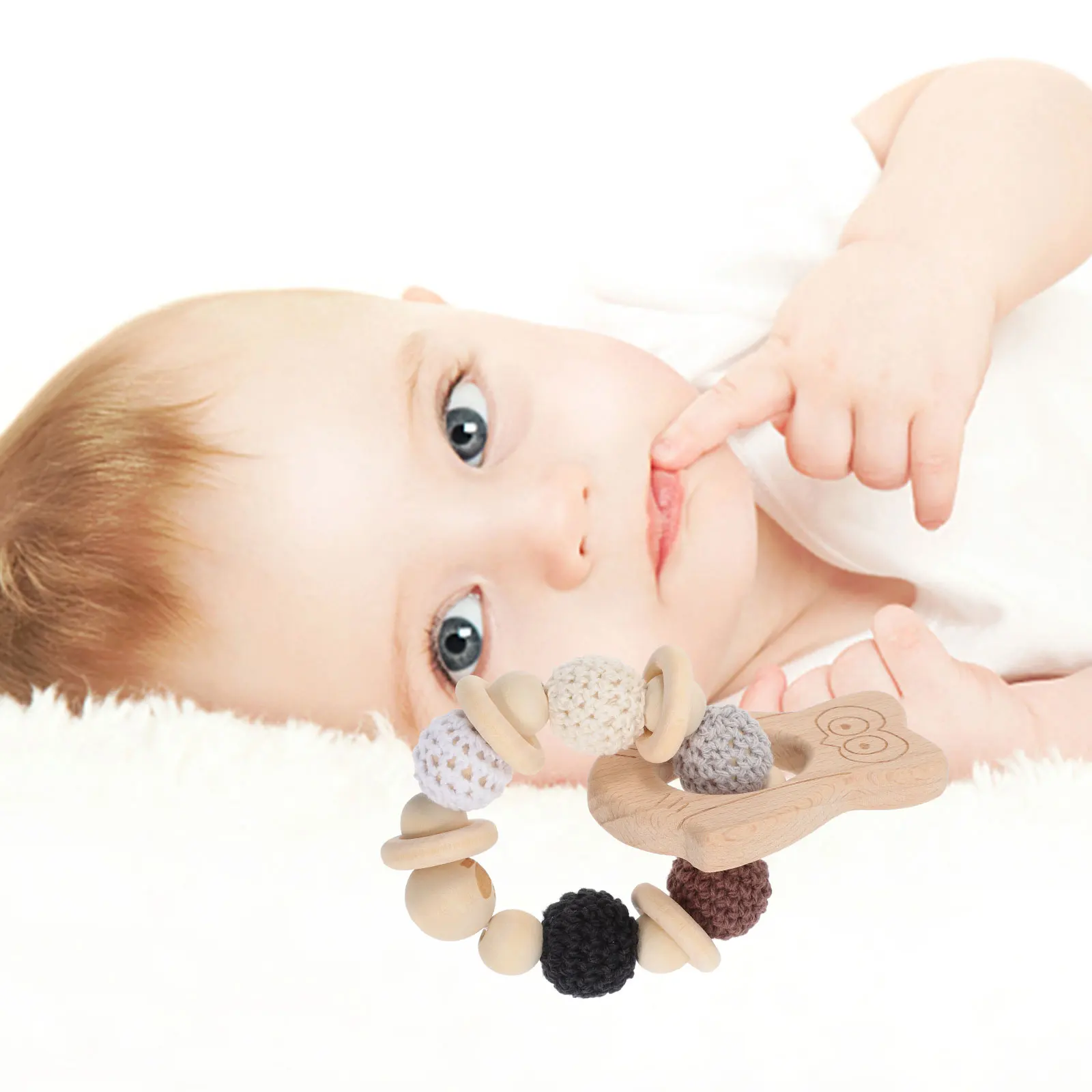 Mordedor de Madera de Búho para Bebés de 0 a 6 Meses, Sonajero de Madera de Haya, Mordedor Sensorial para Bebés