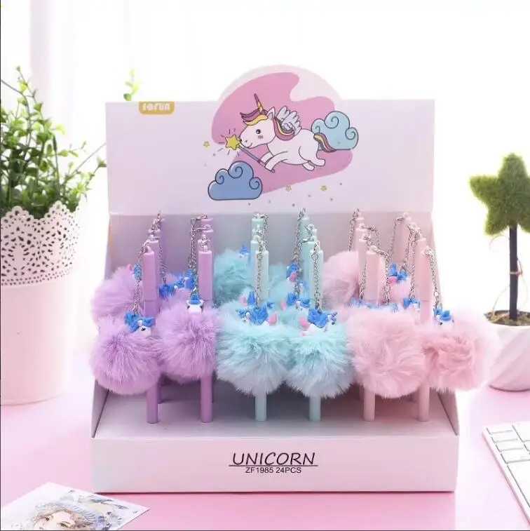 

24 pcs/lot Kawaii Unicorn Hairball Pendant Gel Pen Creative Black Ink Signature Pens Stationery Gift Office School Supplies