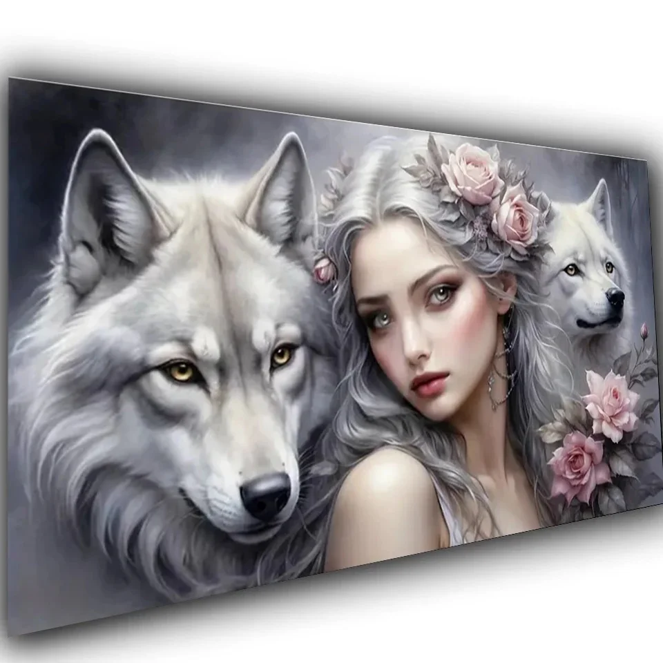 Fantasy Tribal Woman Wolf DIY Diamond Painting,Full Square Embroidery, Round Diamond Mosaic Set,Large Picture,Home Decor