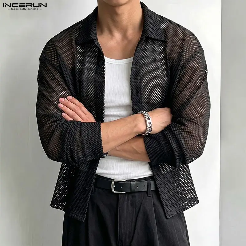 INCERUN Men's Shirt Solid Color Lapel Long Sleeve Mesh See Through Men Clothes Streetwear Loose Hollow Out Fashion Tops For Man