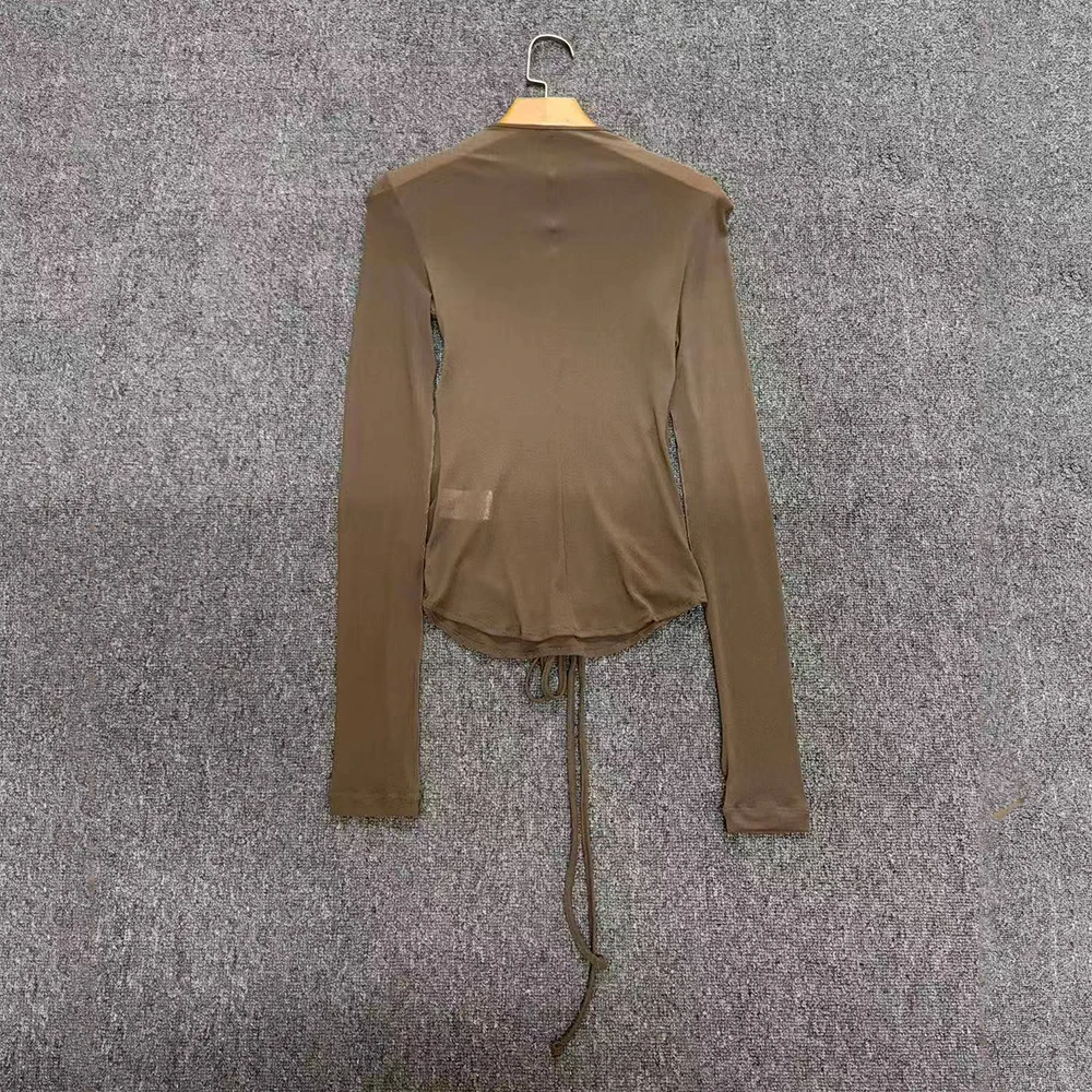 Women Fake Two‑Piece Long Sleeve T‑Shirt Tie‑Up Drawstring Irregular Hem Slim Fit Crop Top Y2K Elegant Casual Lady Blouse Tees