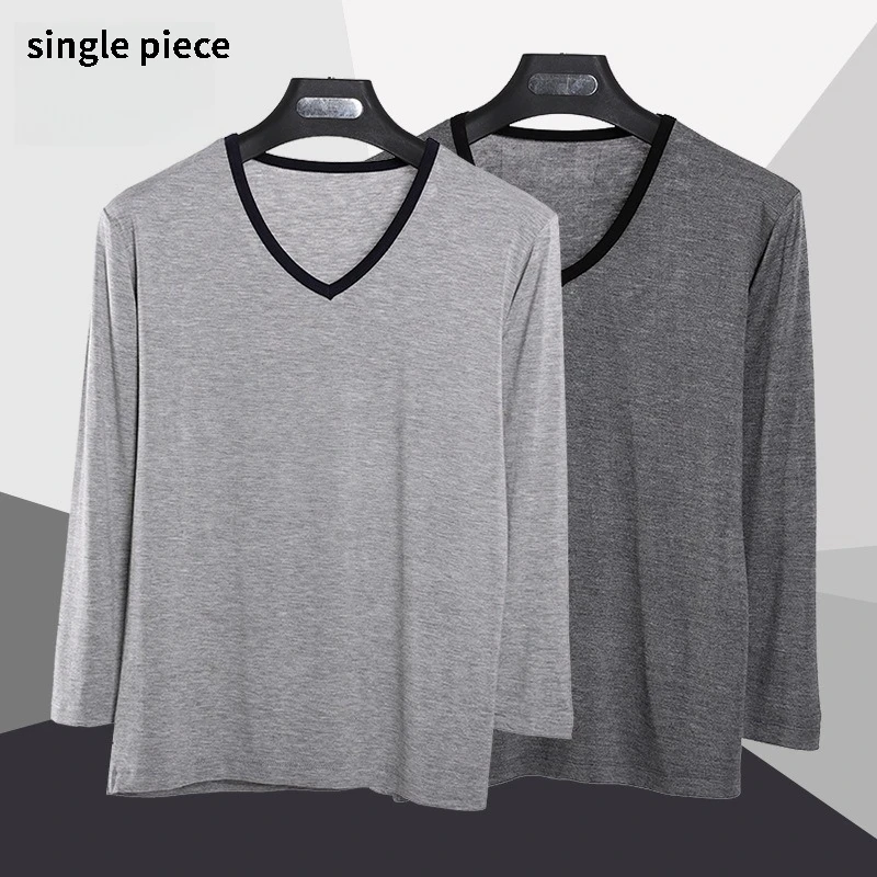 

New Upgraded V-Neck Trimmed Men's Long Sleeve T-Shirt Pajamas Sports Casual Homewear Top for Spring and Autumn Gray Sleepwear