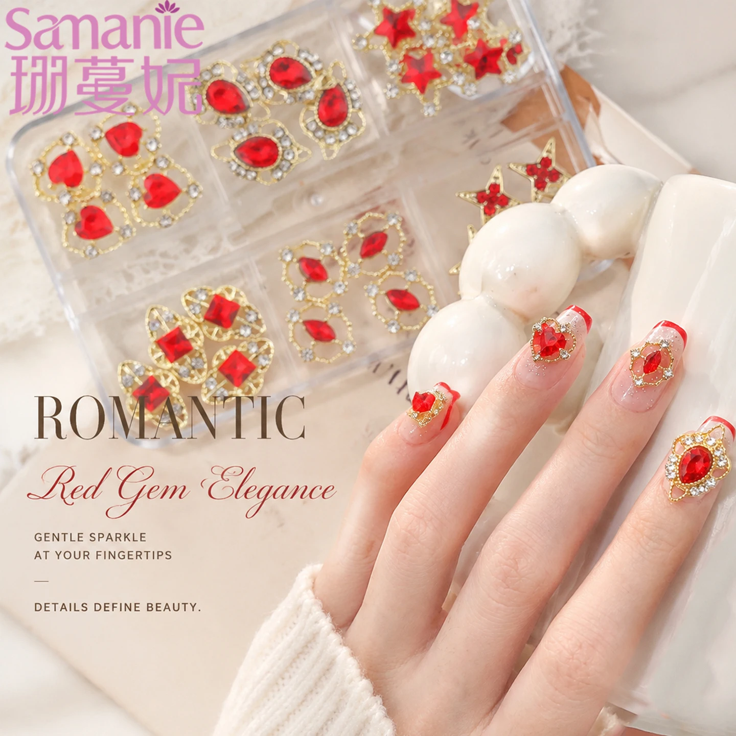 6 Grids Vintage Sparkling Red Crystal Nail Charms Luxury 3D Gold Color Star Sparkly Heart Shape Nails Art DIY Accessories Parts