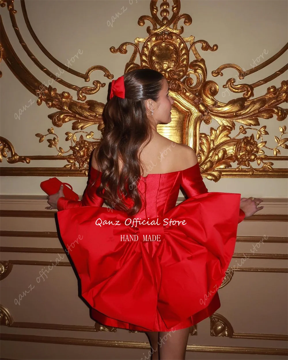 Qanz Sexy Red Short Prom Dresses Satin With Large Bow Long Sleeves Dress Party Night Mermaid Luxury Dress Birthday Customized