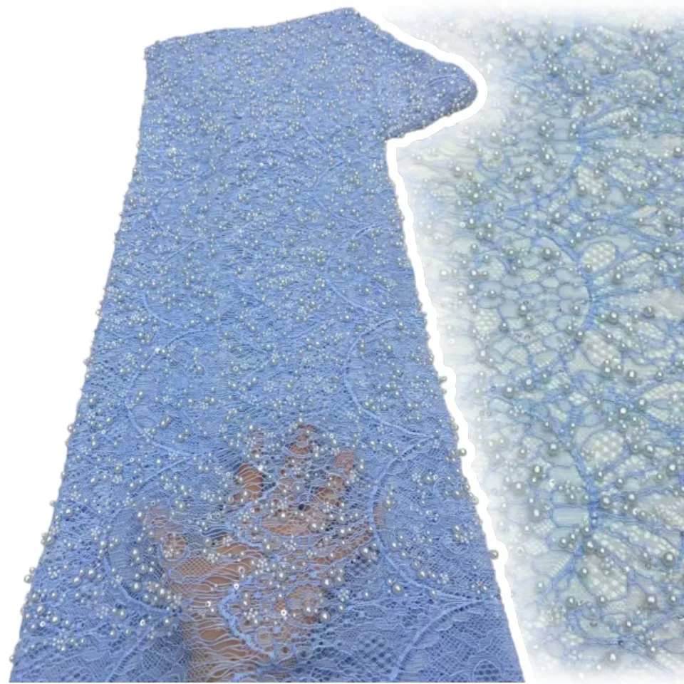 2026 أسود 5Y فاخر فرنسي أفريقي مصنوع يدويًا لؤلؤ صغير تول دانتيل ترتر شبكي دانتيل نيجيريا قماش لفساتين الزفاف 1954