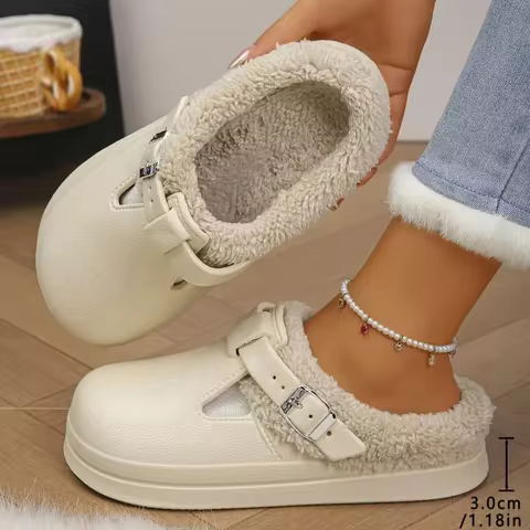 À prova dwaterproof água eva peludo mules chinelos feminino 2025 inverno fivela de metal quente chinelos de pelúcia macio fundo grosso não deslizamento slides internos