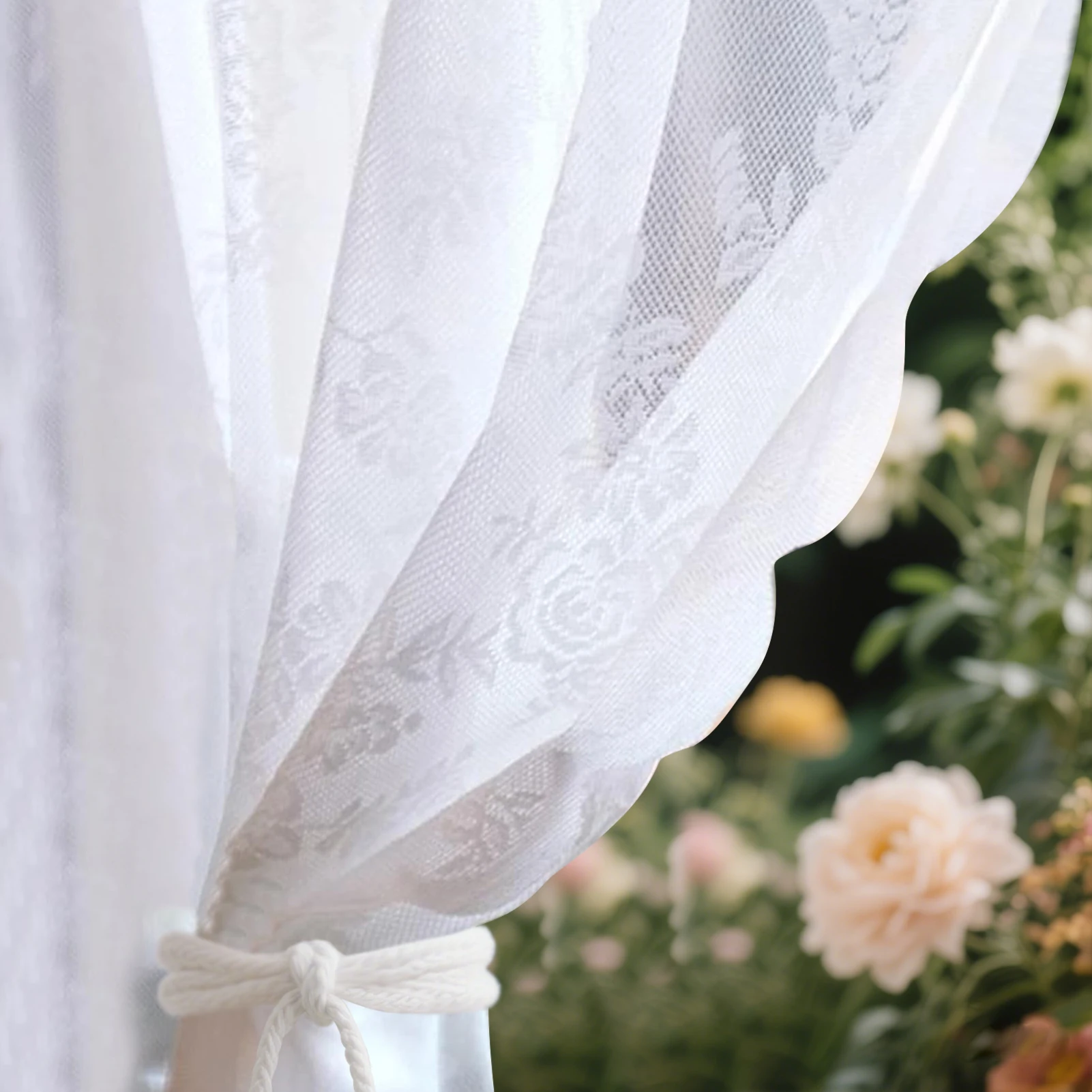 2 Stück Vintage-Blumenstickerei, Spitze, transparenter Vorhang, weiße französische Türvorhänge für Schlafzimmer, Küche, Fenster, feine Vorhänge – Detail 5