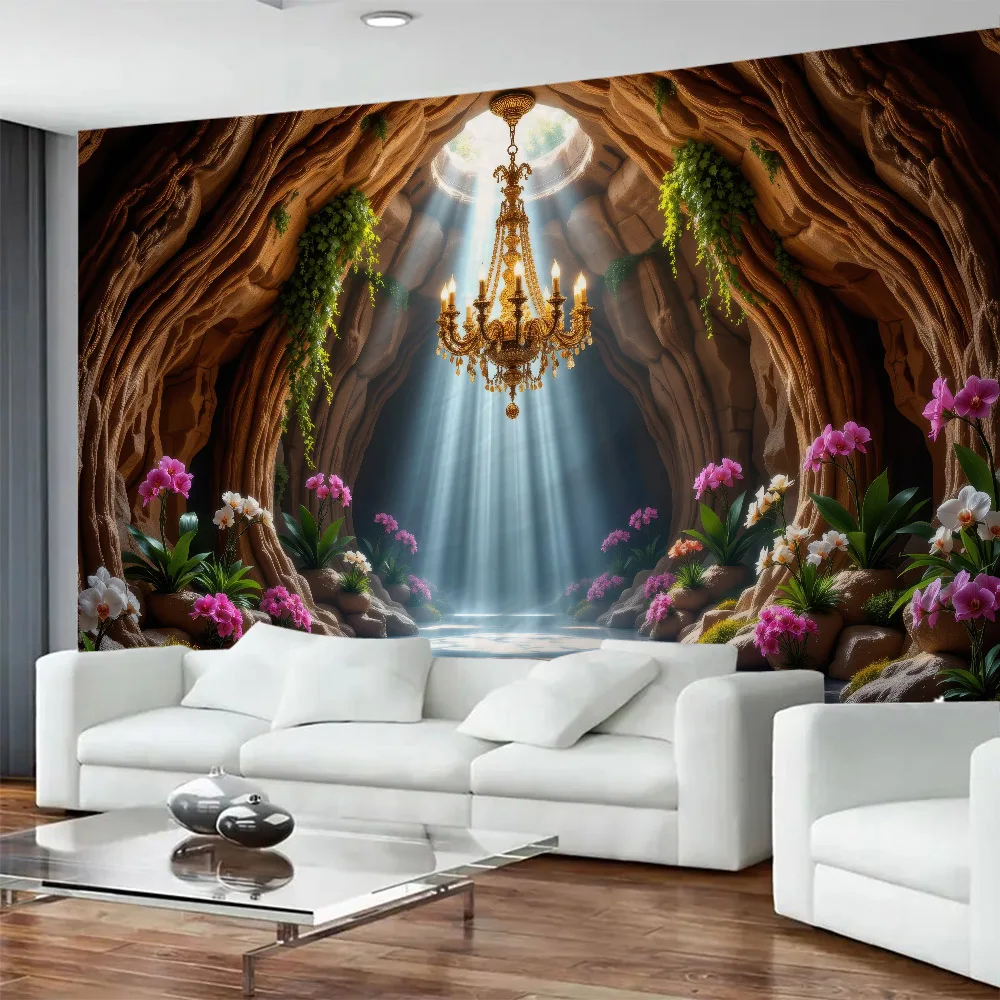 Mysterious Stone Cave Landscape Tapestry Flower Stone Wall Hanging Home Fabric Decoration Painting Office Background Poster