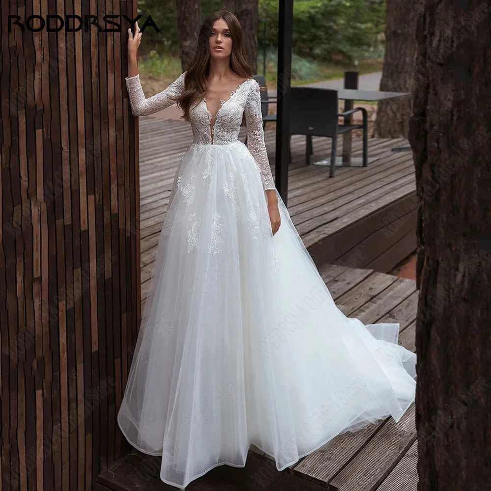 RODDRSYA Exquisite Lange Ärmel 2024 Brautkleid für Braut U-Ausschnitt Backless ApRoddrsya exquisite lange Ärmel 2024 Brautkleid für Braut U-Ausschnitt rücken freie Applikation Spitze eine Linie Brautkleid Vestido Novia