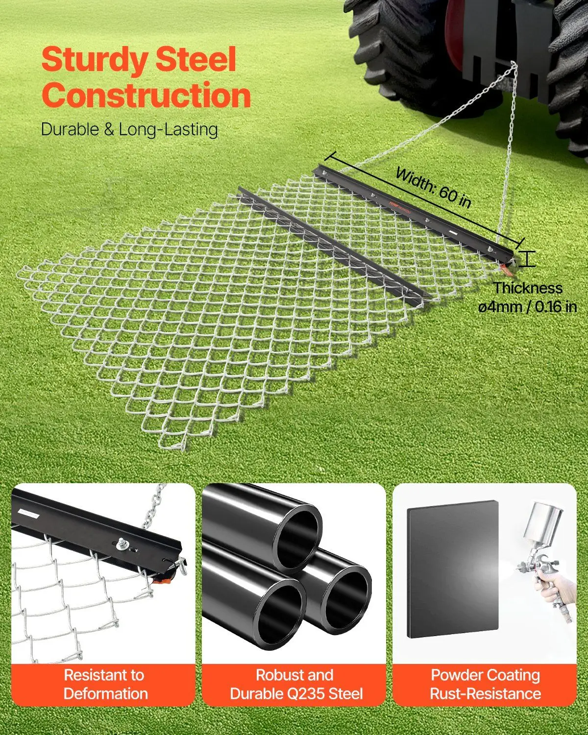 เครื่องพรวนดินแบบโซ่ 4x5 ฟุต ทนทานต่อการงอและเสียรูป พร้อมหัวเกี่ยวอเนกประสงค์สำหรับรถ ATV UTV และรถแทรกเตอร์